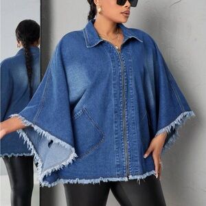 Trendy Blue Denim Cape with Frayed Hem